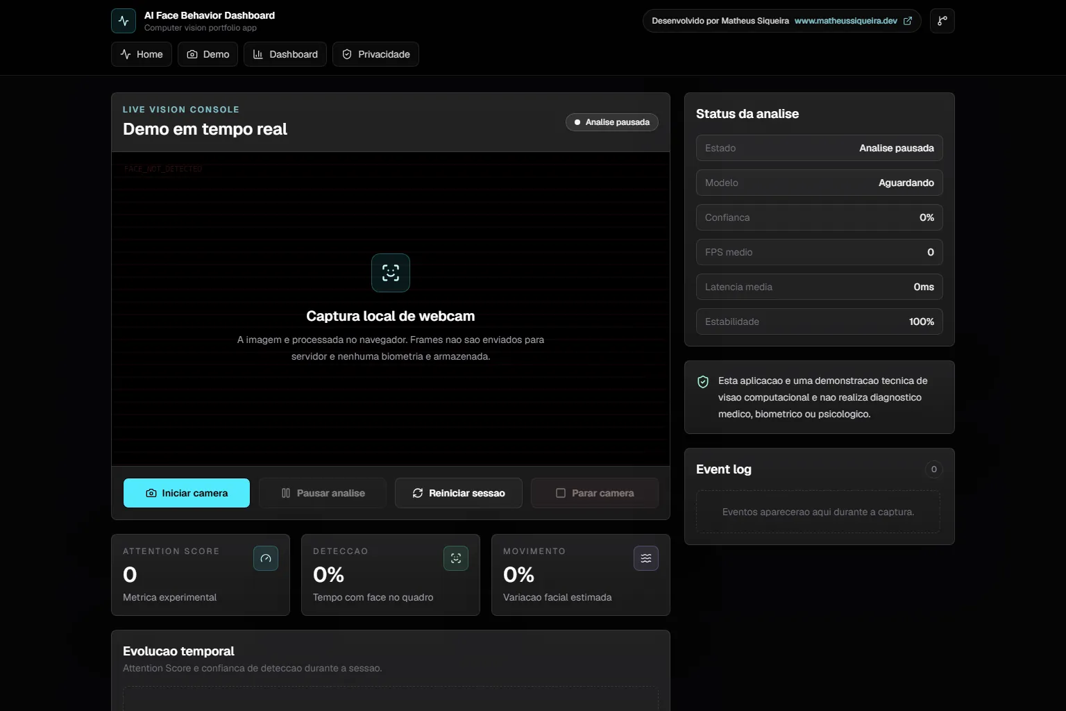 Demo em tempo real antes de ligar a webcam.