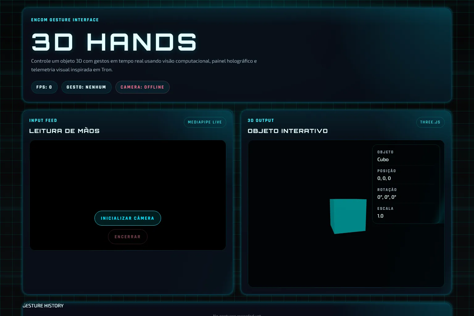 3D Hands interface with the hand-reading panel, the start-camera button and the 3D object.