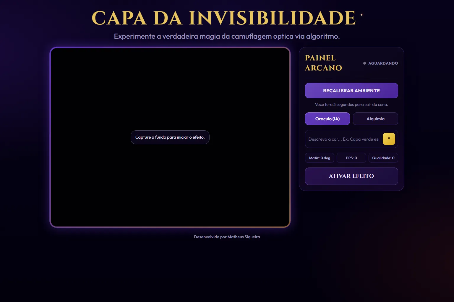 Estúdio da capa da invisibilidade com a área de vídeo e o painel arcano, antes da captura do fundo.