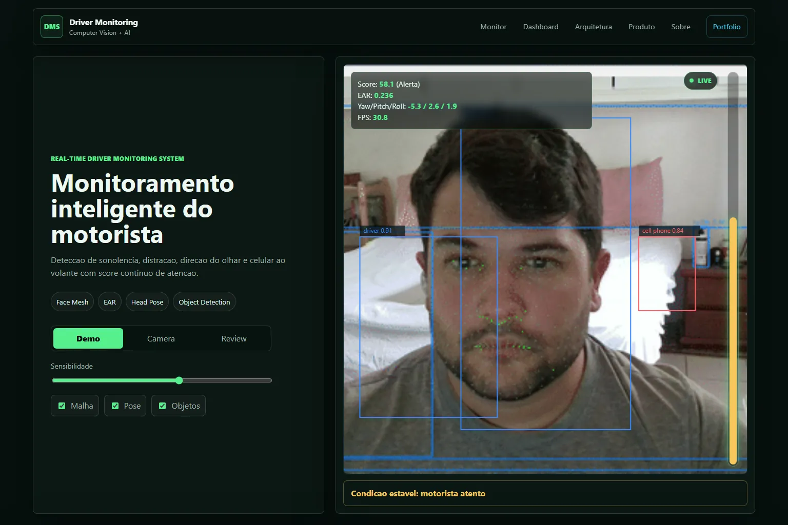 Home page in Demo mode: controls on the left and a demonstration video with the face-tracking boxes.