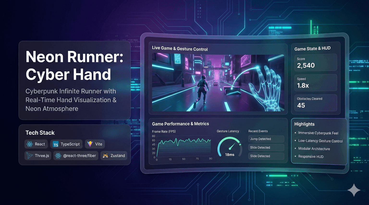 Neon runner with gesture control and cyber hand overlay.