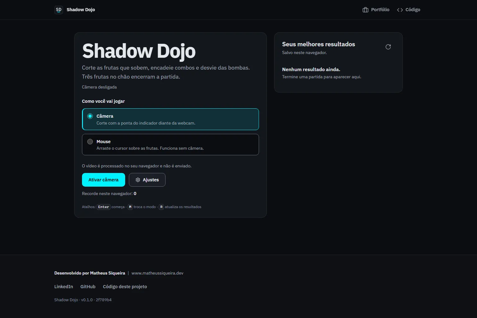 Menu do Shadow Dojo com a escolha entre câmera e mouse e o ranking local.