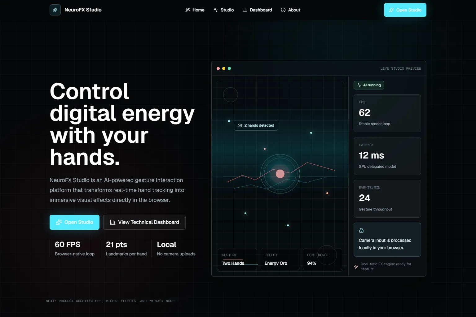 NeuroFX Studio home with the headline, session indicators and a preview of the effects studio.