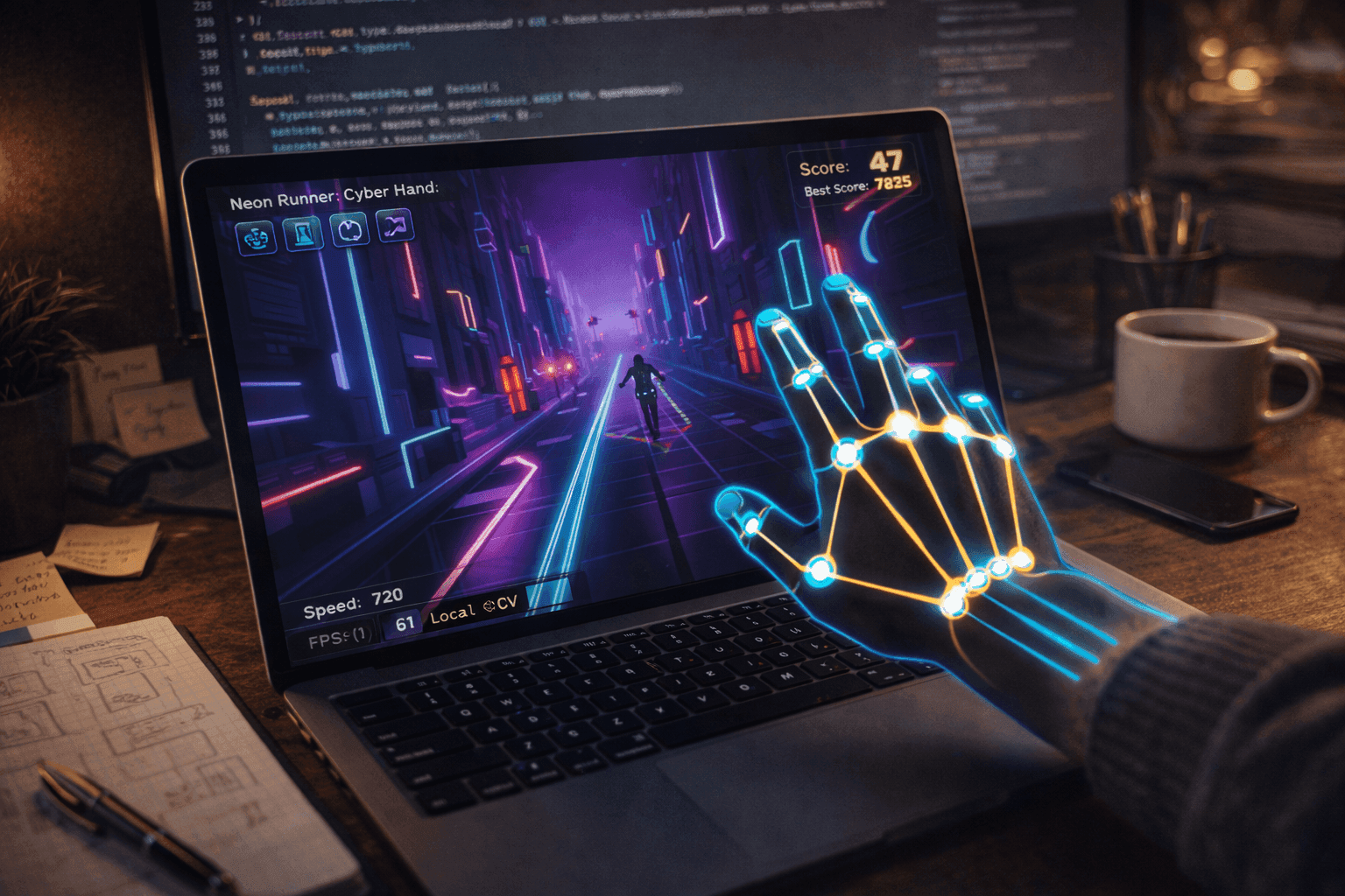 Runner neon com controle por gestos e mão cibernética em cena.