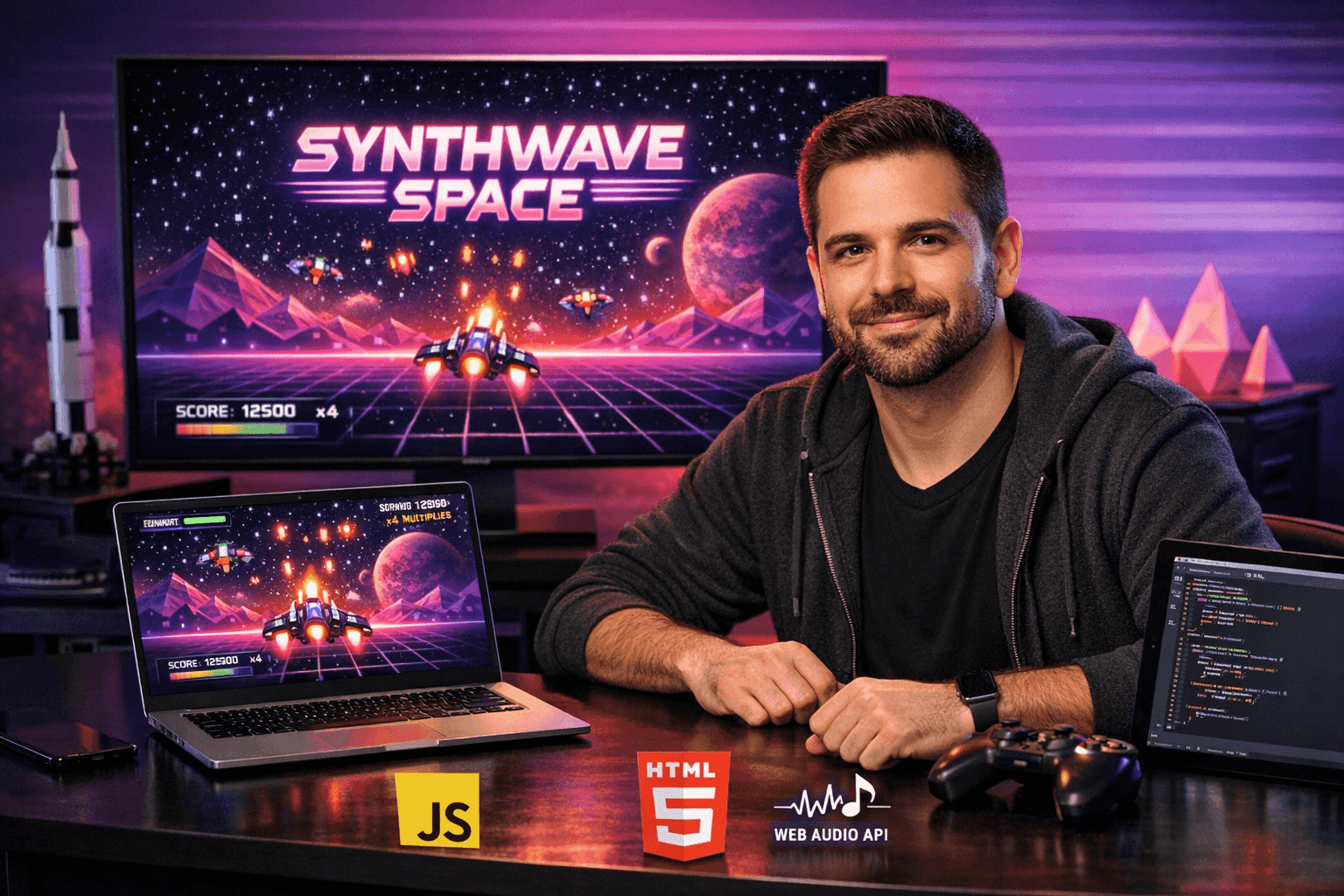 Gameplay com ondas progressivas, efeitos visuais e ambientação neon.