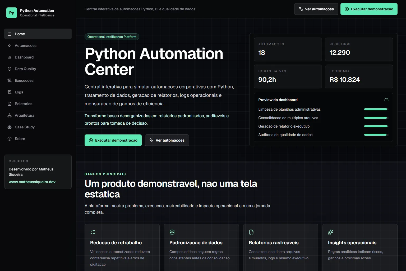Python Automation Center home with automation counters and hours saved.
