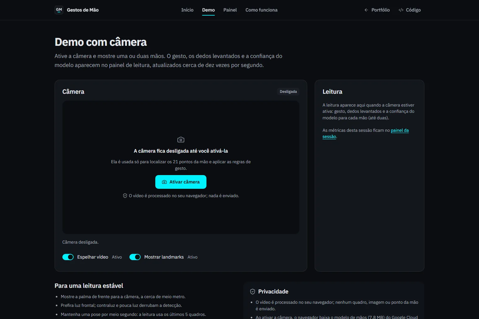 Tela da demo com a câmera desligada, antes da permissão.