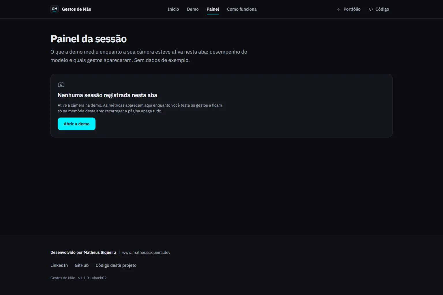 Painel da sessão sem sessão registrada.
