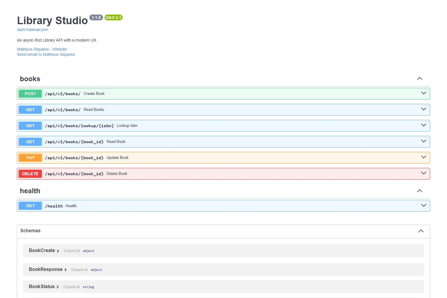 OpenAPI documentation with the book and health endpoints.