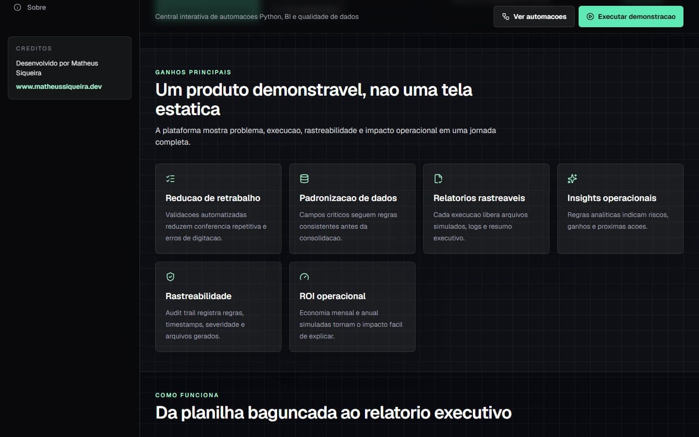 Ganhos operacionais e módulos de rastreabilidade da central publicada.